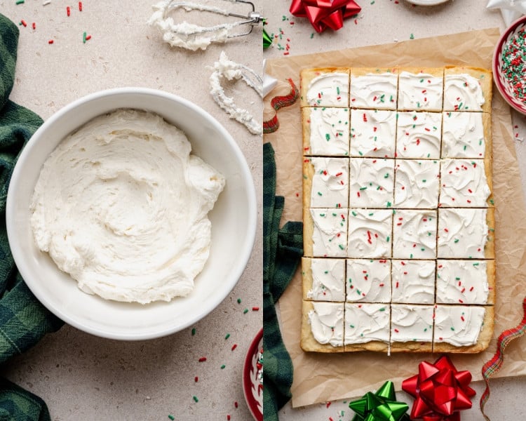 Side-by-side images showing the frosting and finished Christmas Sugar Cookie Bars. On the left, a mixing bowl filled with smooth, whipped vanilla buttercream. On the right, the baked cookie bars are frosted, sprinkled with red and green jimmies, and sliced into even squares on parchment paper.