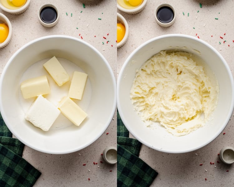 Two side-by-side images showing the start of the cookie bar dough. On the left, a mixing bowl holds softened butter, cream cheese, and granulated sugar. On the right, the mixture is fully creamed until light and fluffy.