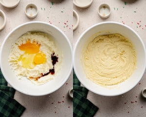 Two side-by-side images showing eggs and extracts being added to the dough. On the left, the bowl contains the creamed mixture with an egg, egg yolk, vanilla, and almond extract on top. On the right, the wet ingredients are fully mixed into a smooth batter.