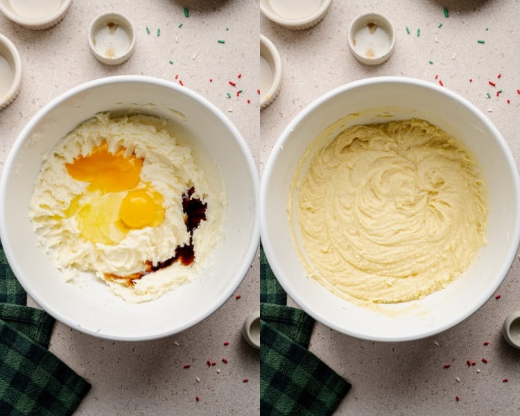 Two side-by-side images showing eggs and extracts being added to the dough. On the left, the bowl contains the creamed mixture with an egg, egg yolk, vanilla, and almond extract on top. On the right, the wet ingredients are fully mixed into a smooth batter.