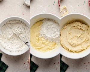 Three images showing the dry ingredients being incorporated. The first image shows a bowl of whisked flour, cornstarch, baking powder, baking soda, and salt. The second shows part of the dry mixture added to the wet batter. The third image shows the dough fully combined and smooth.