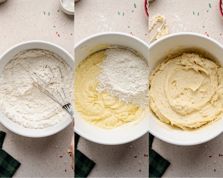 Three images showing the dry ingredients being incorporated. The first image shows a bowl of whisked flour, cornstarch, baking powder, baking soda, and salt. The second shows part of the dry mixture added to the wet batter. The third image shows the dough fully combined and smooth.