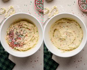 Two side-by-side images showing holiday sprinkles added to the dough. On the left, red, green, and white jimmies are poured on top of the batter. On the right, the sprinkles are gently folded into the dough.