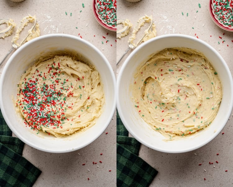 Two side-by-side images showing holiday sprinkles added to the dough. On the left, red, green, and white jimmies are poured on top of the batter. On the right, the sprinkles are gently folded into the dough.