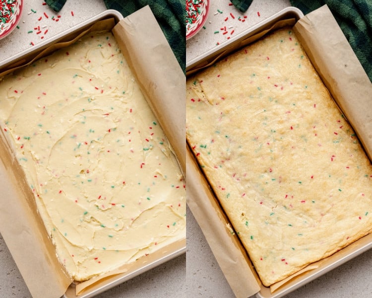 Two images showing the cookie bar dough in the pan. The left image shows the unbaked sprinkle-studded dough spread evenly in a parchment-lined baking pan. The right image shows the baked cookie bar, lightly golden around the edges.