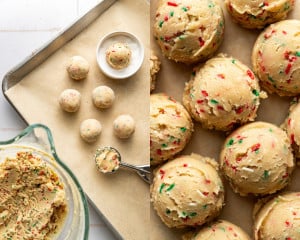 Christmas sprinkle cookie dough scooped into balls on a parchment-lined baking sheet, ready to bake.