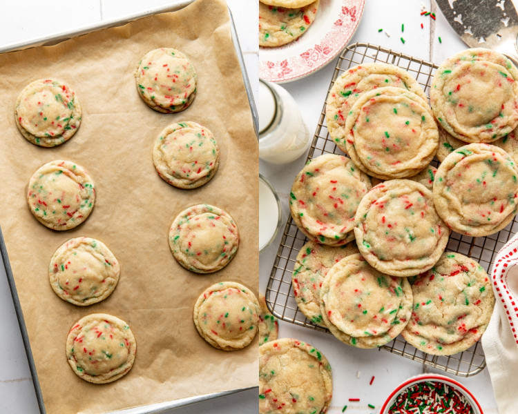 Side-by-side images showing sprinkle sugar cookie dough balls on a baking sheet before baking, and the baked cookies cooling on a rack, golden and soft with festive red and green sprinkles.