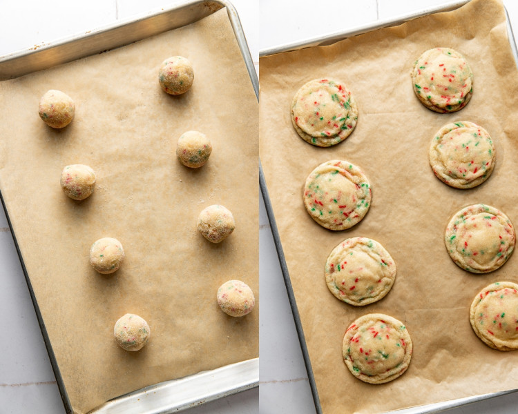Side-by-side images showing cookie dough balls on a baking sheet before baking and the same cookies after baking, golden and slightly crinkled.
