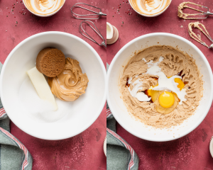 Side-by-side image of mixing the wet ingredients for chocolate blossom cookies.