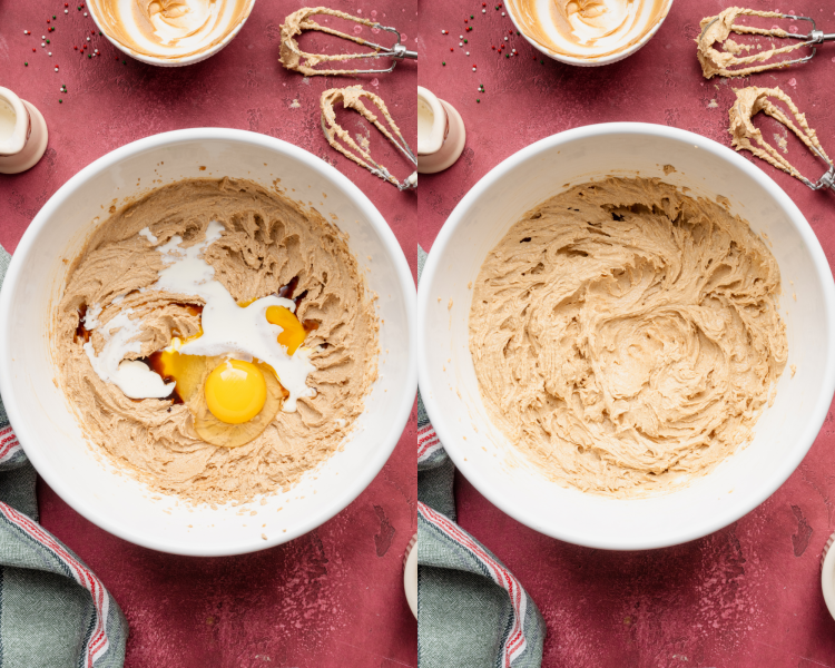 Side-by-side image of adding rest of the wet ingredients to the beaten butter and sugars.