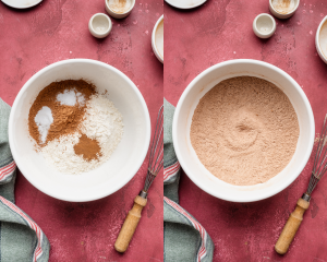 Side-by-side image of whisking dry ingredients together for chocolate blossom cookies.