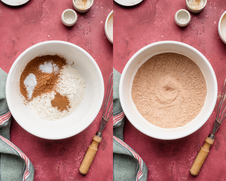 Side-by-side image of whisking dry ingredients together for chocolate blossom cookies.