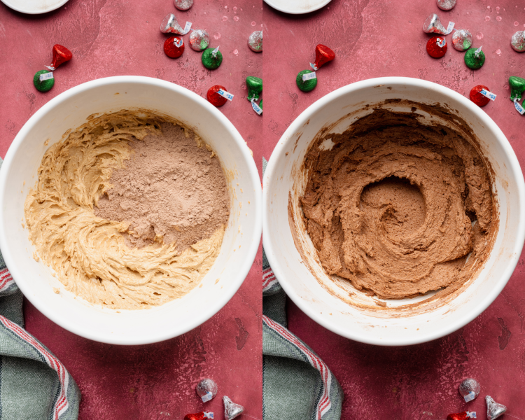Side-by-side image of adding dry ingredients to wet ingredients then mixing until soft dough forms.