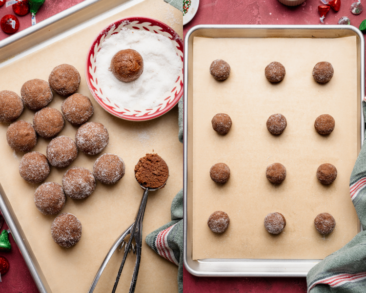 Side-by-side image of scooping and rolling the dough in granulated sugar then placing 2 inches apart on prepared baking sheet.