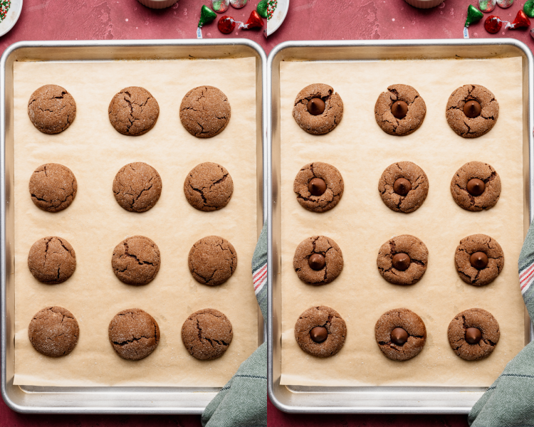 Side-by-side image of baking cookies on baking tray then pressing hershey kiss into them right when they come out of the oven.
