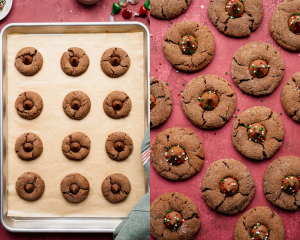 Side-by-side image of adding a Hershey kiss to the blossom cookies right when they come out of the oven then garnishing them with red and white decorative sprinkles.
