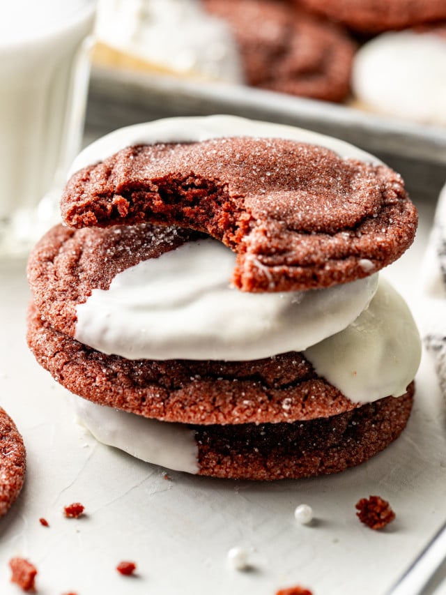White Chocolate Dipped Red Velvet Cookies