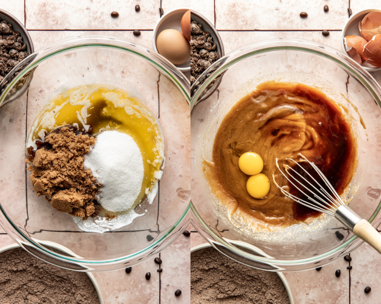 Side-by-side image of whisking the wet ingredients together for espresso martini cookies.