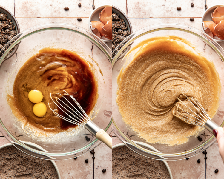 Side-by-side image of adding the remaining wet ingredients and mixing until combined.