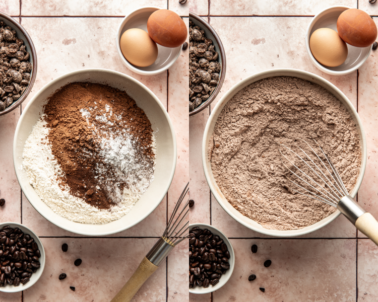 Side-by-side image of whisking all the dry ingredients together in a separate mixing bowl.