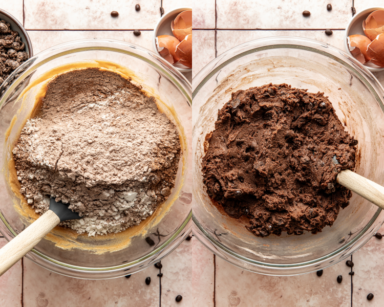 Side-by-side image of adding the dry ingredients to the wet ingredients and stirring until combined.