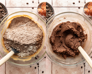 Side-by-side image of adding the dry ingredients to the wet ingredients and mixing before adding the chocolate-covered espresso beans.