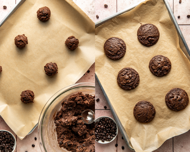 Side-by-side image of scooping six balls of cookie dough and placing them on parchment lined baking sheet then baking the cookies for 8-10 minutes or until just slightly underbaked.