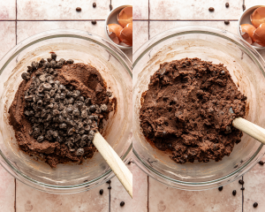 Side-by-side image of adding the chocolate-covered espresso beans to the cookie dough and mixing until combined.