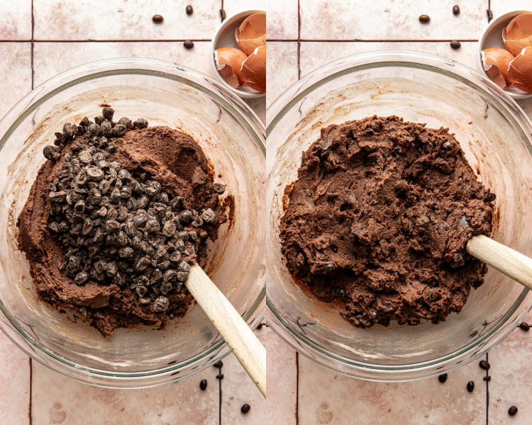 Side-by-side image of adding the chocolate-covered espresso beans to the cookie dough and mixing until combined.