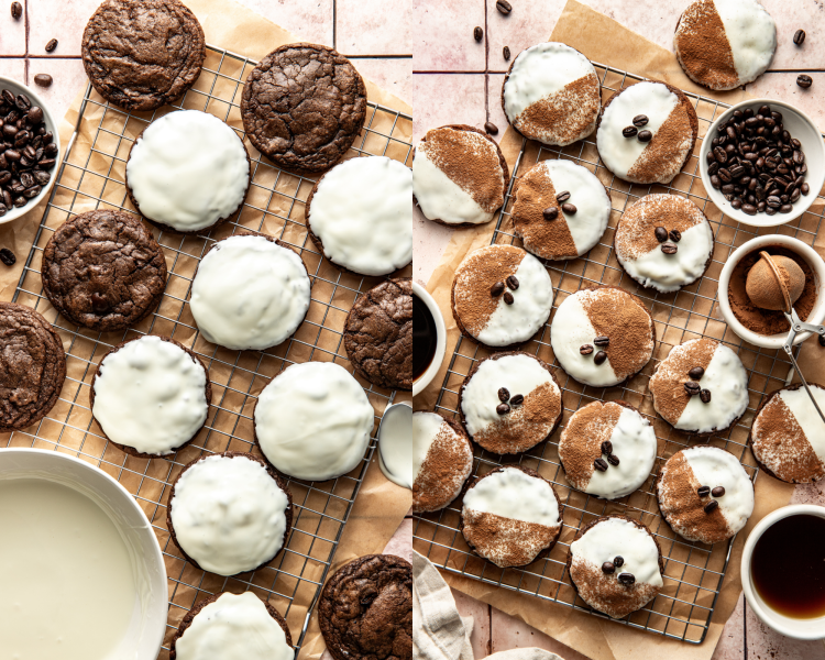 Side-by-side image of dipping the cooled cookies in white chocolate then sprinkling with cocoa powder and topping with 1-3 coffee beans.
