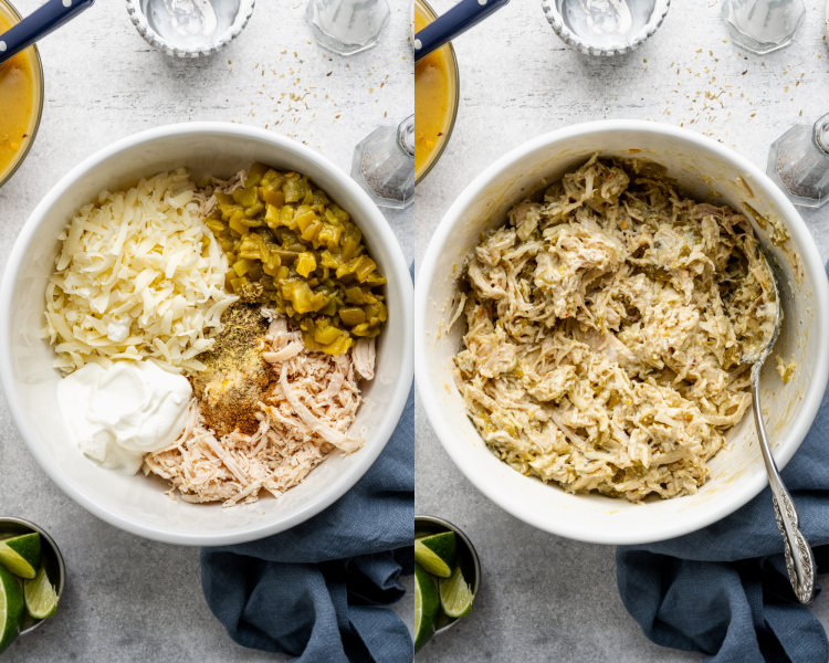 Side-by-side image of mixing together the chicken filling ingredients for green chicken enchiladas in a large mixing bow with a spoon.