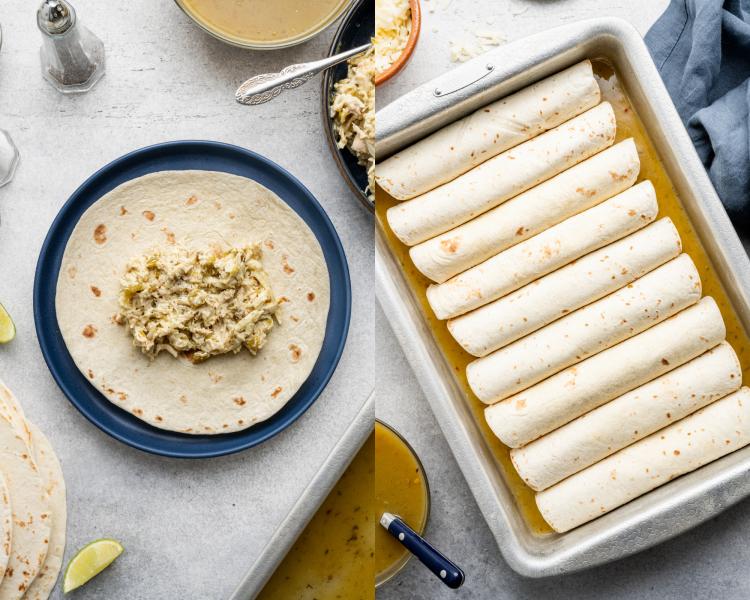 Side-by-side image of adding chicken filling to center of flour tortilla then rolling up and placing seamside down in the prepared 9x13 pan.