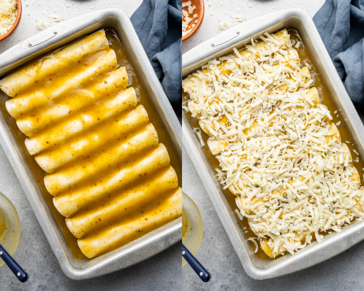 Side-by-side image of topping enchiladas with remaining enchilada sauce then topping with remaining cheese.