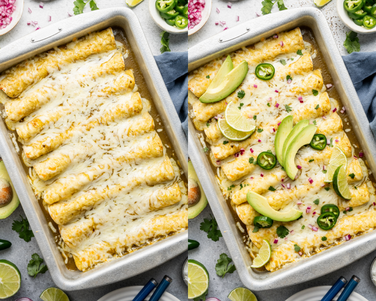 Side-by-side of green chicken enchiladas baked in pan, then topped with avocado, lime wedges, jalapenos, and red onion.