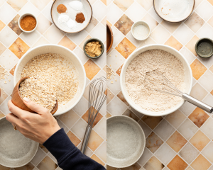 Side-by-side image of whisking all the dry ingredients together in a mixing bowl.