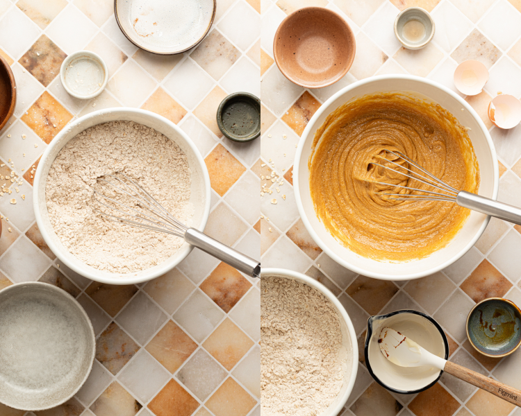 Side-by-side image of whisking the dry ingredients in one mixing bowl and then mixing the wet ingredients together in a separate bowl.