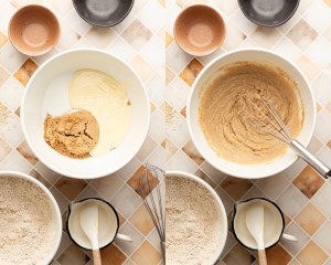 Side-by-side image of whisking the melted butter and sugars together in a mixing bowl.
