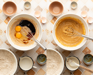 Side-by-side image of adding the rest of the wet ingredients to the mixing bowl and whisking until combined.