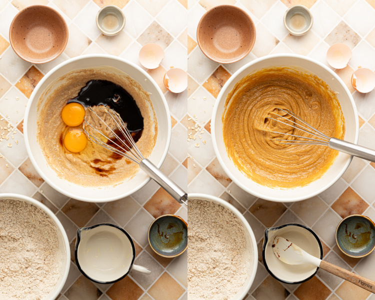 Side-by-side image of adding the rest of the wet ingredients to the mixing bowl and whisking until combined.