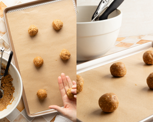 Side-by-side image of scooping the cookie dough and rolling into balls before placing on a parchment-lined baking sheet.