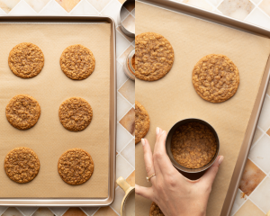 Side-by-side image of baked cookies on parchment-lined baking tray then using a cookie cutter to cookie-scoot the cookies immediately after removing from the oven.