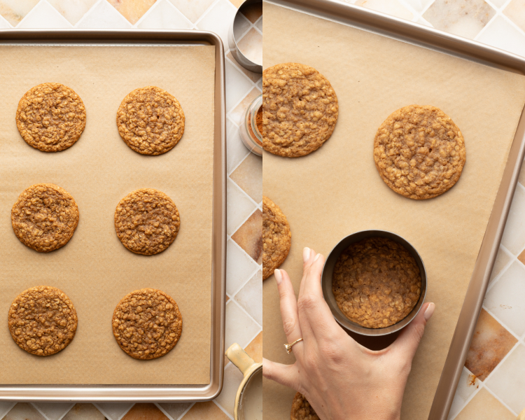 Side-by-side image of baked cookies on parchment-lined baking tray then using a cookie cutter to cookie-scoot the cookies immediately after removing from the oven.