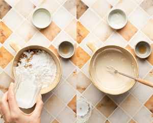 Side-by-side image of mixing all the icing ingredients together in a small bowl.