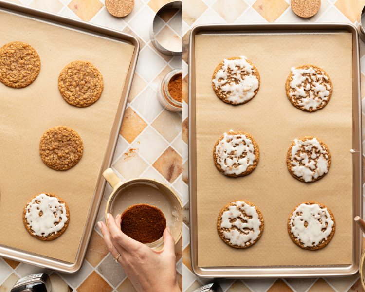Side-by-side image of dunking baked gingerbread oatmeal cookies in icing and placing back on parchment lined baking tray to set.