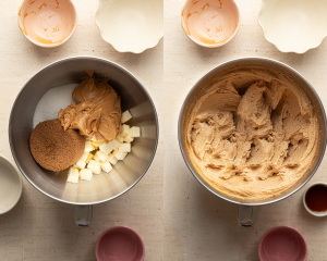 Side-by-side of creaming the butter, peanut butter and sugars together.
