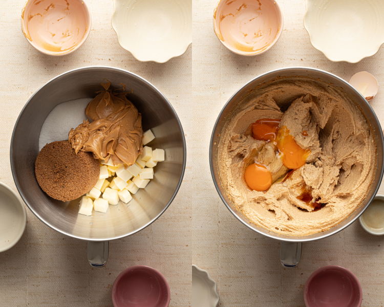 Side-by-side of mixing wet ingredients together.