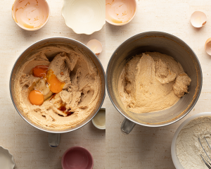 Side-by-side image of adding eggs and vanilla to wet ingredients and mixing until combined.