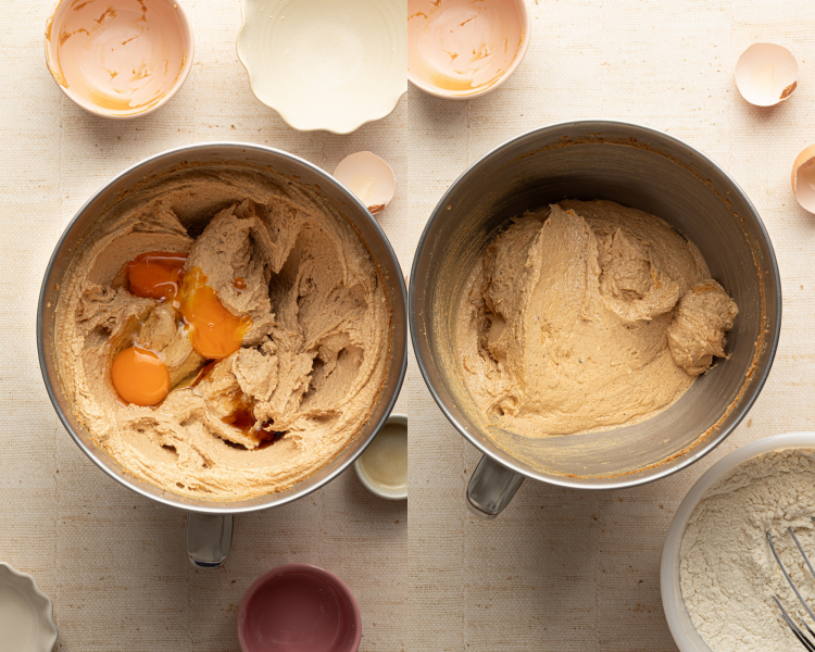 Side-by-side image of adding eggs and vanilla to wet ingredients and mixing until combined.