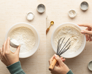 Side-by-side image of whisking dry ingredients together in a separate mixing bowl.