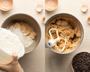 Side-by-side image of adding dry ingredients to wet ingredients in mixing bowl.